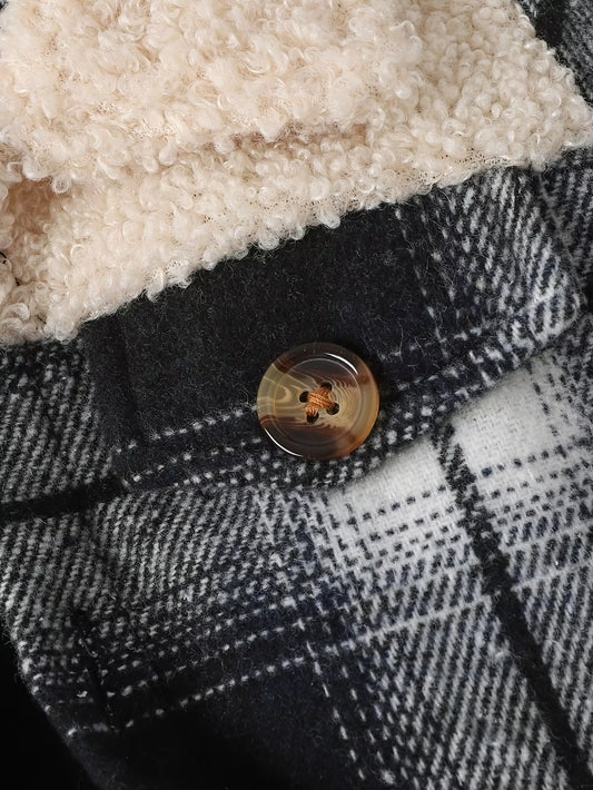 Baby Boy Fashionable and Simple Long Sleeved Plaid Patchwork Plush Jacket for Autumn and Winter