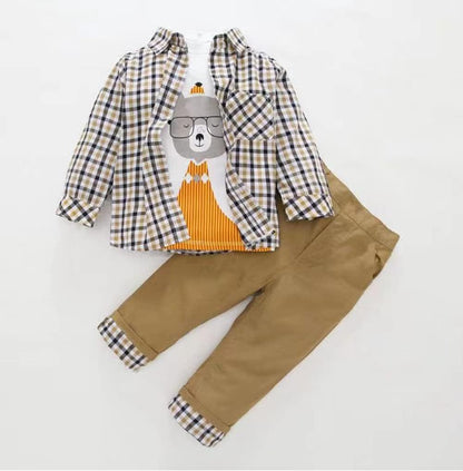 Kleinkind Jungen Casual 3-Teiliges Bekleidungsset T-Shirt + Kariertes Hemd + Khaki Hose
