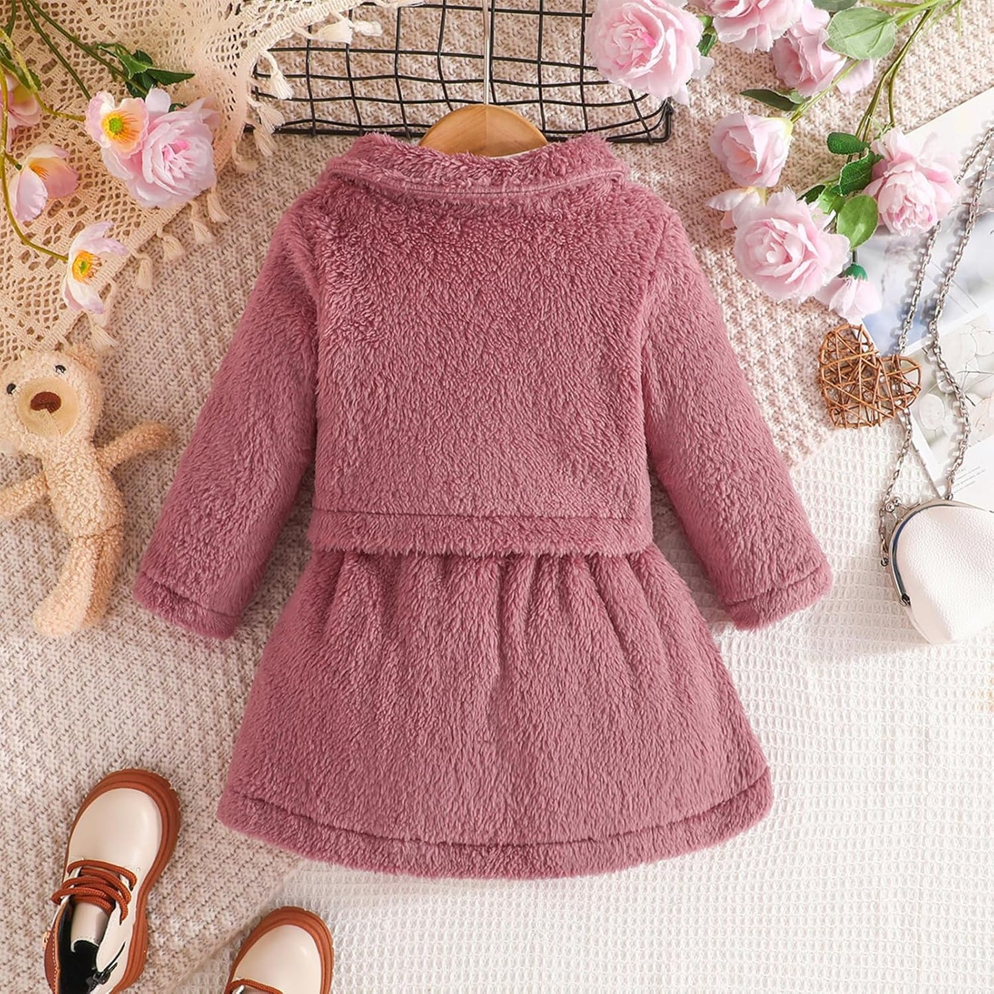 2PCS Baby Mädchen Winterkleid Und Samt Strickjacke Sets Kleinkind Langarm Verdickt Plüsch Mantel Kleider Outfit