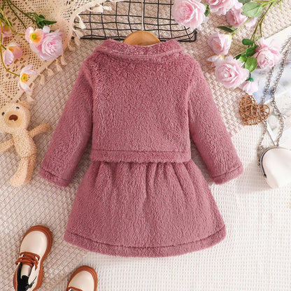 2PCS Baby Mädchen Winterkleid Und Samt Strickjacke Sets Kleinkind Langarm Verdickt Plüsch Mantel Kleider Outfit
