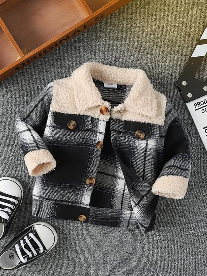 Baby Boy Fashionable and Simple Long Sleeved Plaid Patchwork Plush Jacket for Autumn and Winter