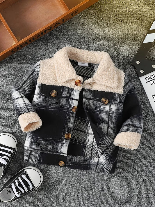 Baby Boy Fashionable and Simple Long Sleeved Plaid Patchwork Plush Jacket for Autumn and Winter