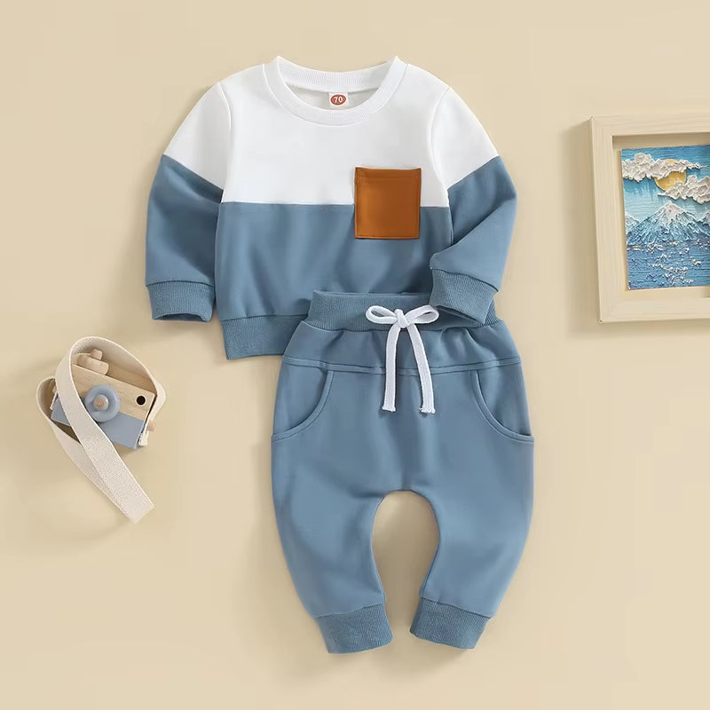 2023-05-19  0-3T Toddler Boys Fall Outfits Contrast Color Pocket Long Sleeve Sweatshirts Solid Long Pants Clothes Set