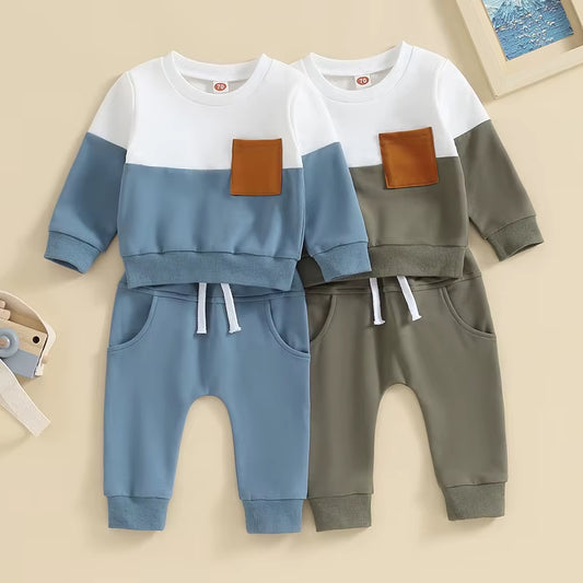 2023-05-19  0-3T Toddler Boys Fall Outfits Contrast Color Pocket Long Sleeve Sweatshirts Solid Long Pants Clothes Set