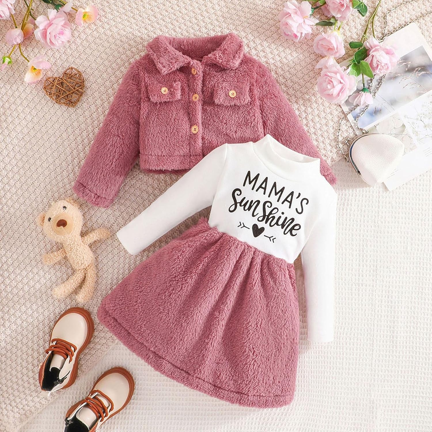 2PCS Baby Mädchen Winterkleid Und Samt Strickjacke Sets Kleinkind Langarm Verdickt Plüsch Mantel Kleider Outfit