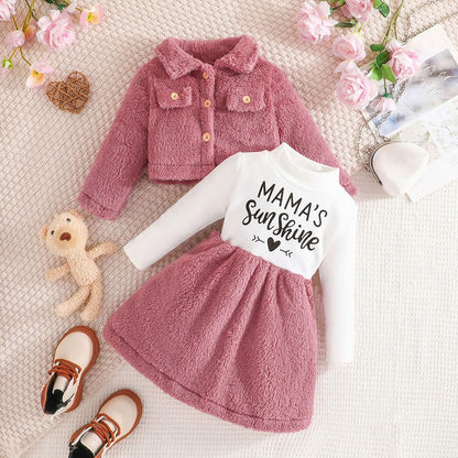 2PCS Baby Mädchen Winterkleid Und Samt Strickjacke Sets Kleinkind Langarm Verdickt Plüsch Mantel Kleider Outfit