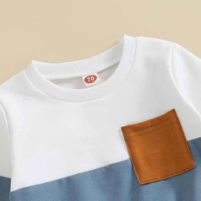 2023-05-19  0-3T Toddler Boys Fall Outfits Contrast Color Pocket Long Sleeve Sweatshirts Solid Long Pants Clothes Set