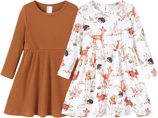 PATPAT Kleinkind Mädchen Kleid Set Langarm, Kind Kleid Einschulung, Packung Mit 2 Kleider Mädchen Festlich Mit Schmetterlingsmuster Für Geburtstag, Party, Bankett, Hochzeit, Urlaub, Gr.83-140