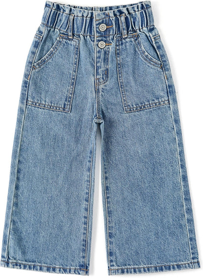 KIDSCOOL SPACE Baby Mädchen Jeans, Kleinkind Elastischer Bund Mit D-Ring Schrägtaschen Weite Denim Hose