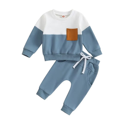 2023-05-19  0-3T Toddler Boys Fall Outfits Contrast Color Pocket Long Sleeve Sweatshirts Solid Long Pants Clothes Set