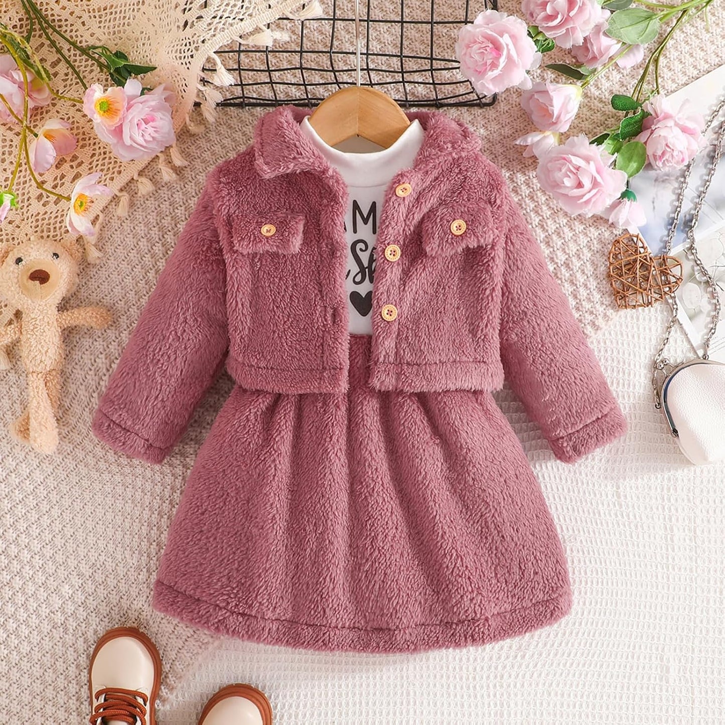 2PCS Baby Mädchen Winterkleid Und Samt Strickjacke Sets Kleinkind Langarm Verdickt Plüsch Mantel Kleider Outfit