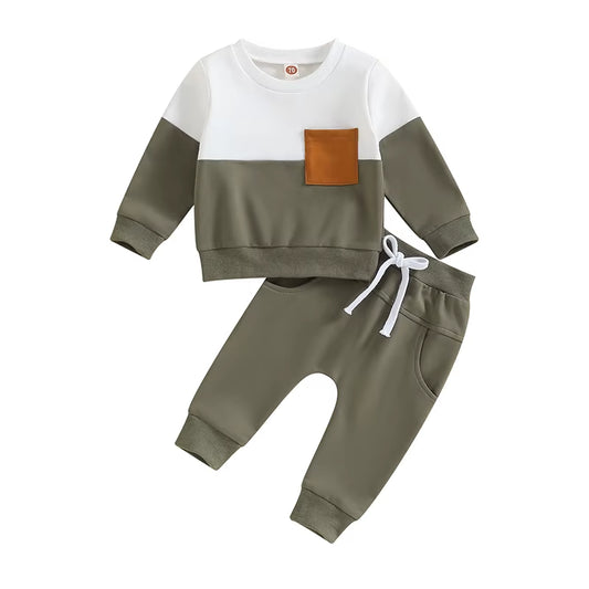 2023-05-19  0-3T Toddler Boys Fall Outfits Contrast Color Pocket Long Sleeve Sweatshirts Solid Long Pants Clothes Set