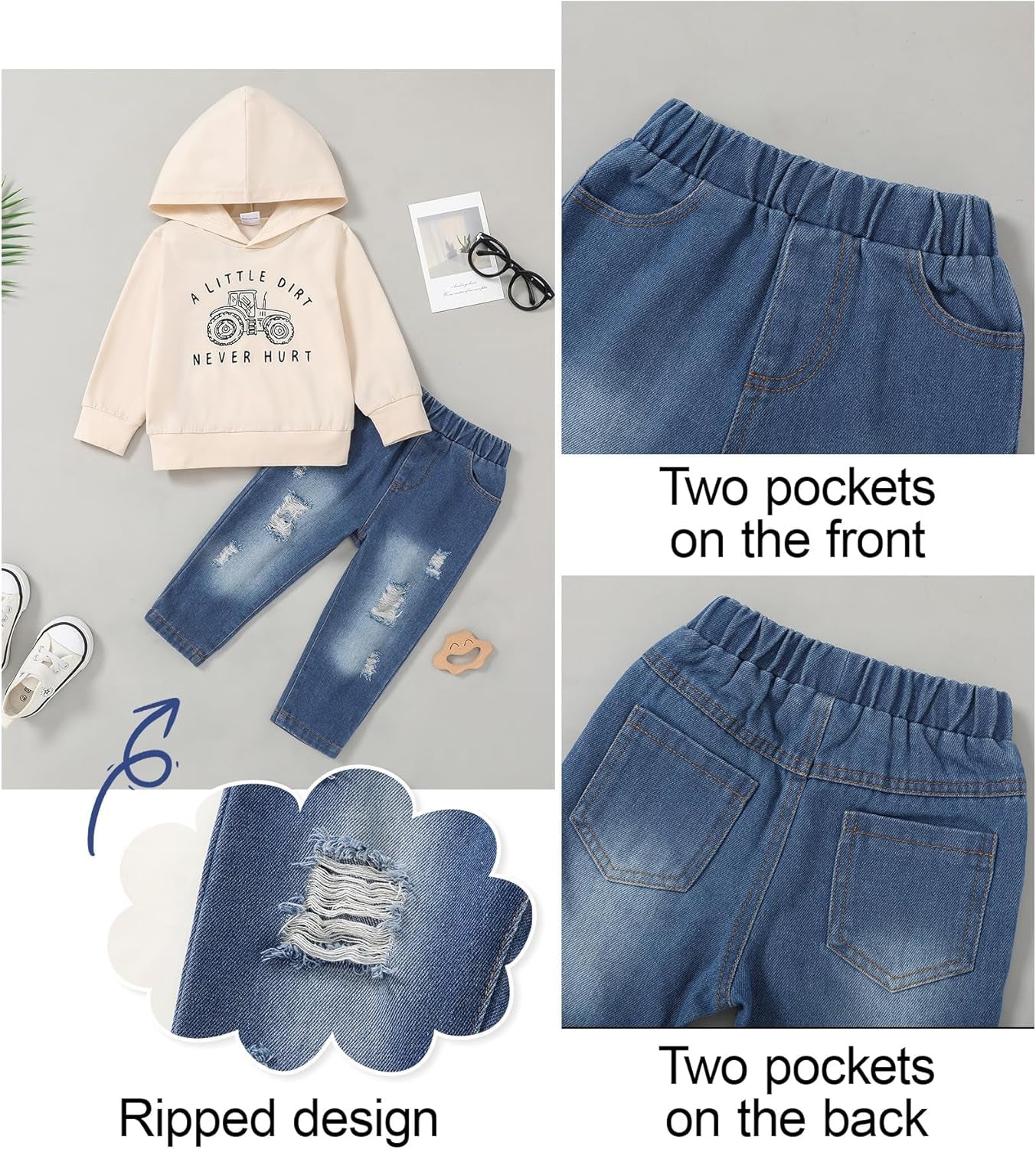 Baby Jungen Outfits Kleidung Sets Kleinkind Bekleidung Junge 1-5 Jahre Brief Muster Lange Ärmel Mit Kapuze Sweatshirt Und Baby Jeans Junge 2 Tlg