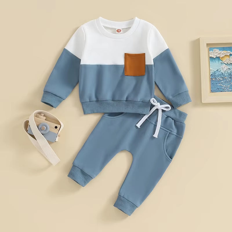 2023-05-19  0-3T Toddler Boys Fall Outfits Contrast Color Pocket Long Sleeve Sweatshirts Solid Long Pants Clothes Set